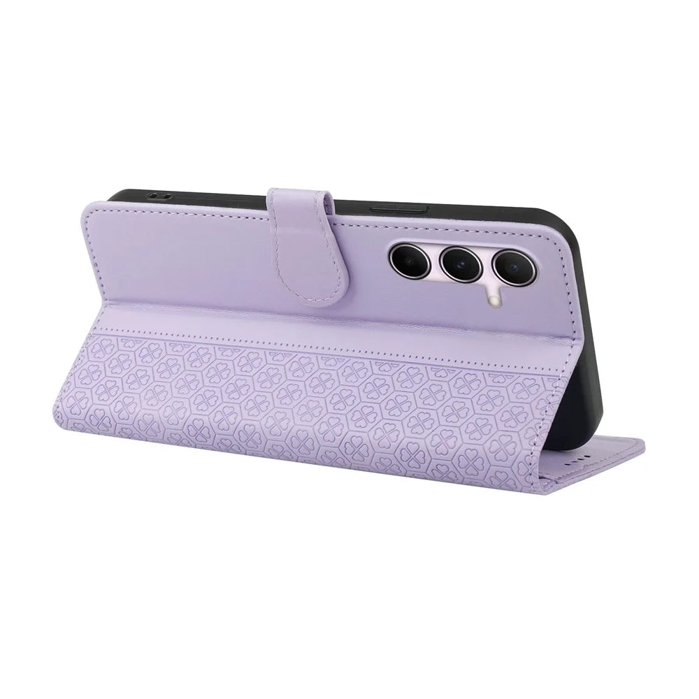 For Samsung Galaxy A06s Case Magnetic Clasp Four Leaf Clover Leather Phone Cover - Light Purple - 4