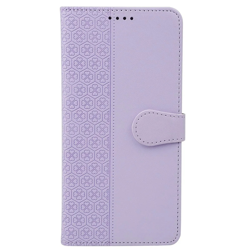 For Samsung Galaxy A06s Case Magnetic Clasp Four Leaf Clover Leather Phone Cover - Light Purple - 5