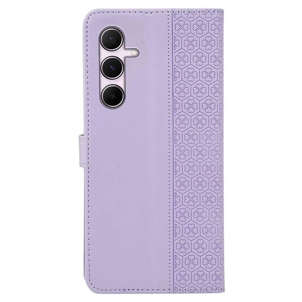 For Samsung Galaxy A06s Case Magnetic Clasp Four Leaf Clover Leather Phone Cover - Light Purple - 6