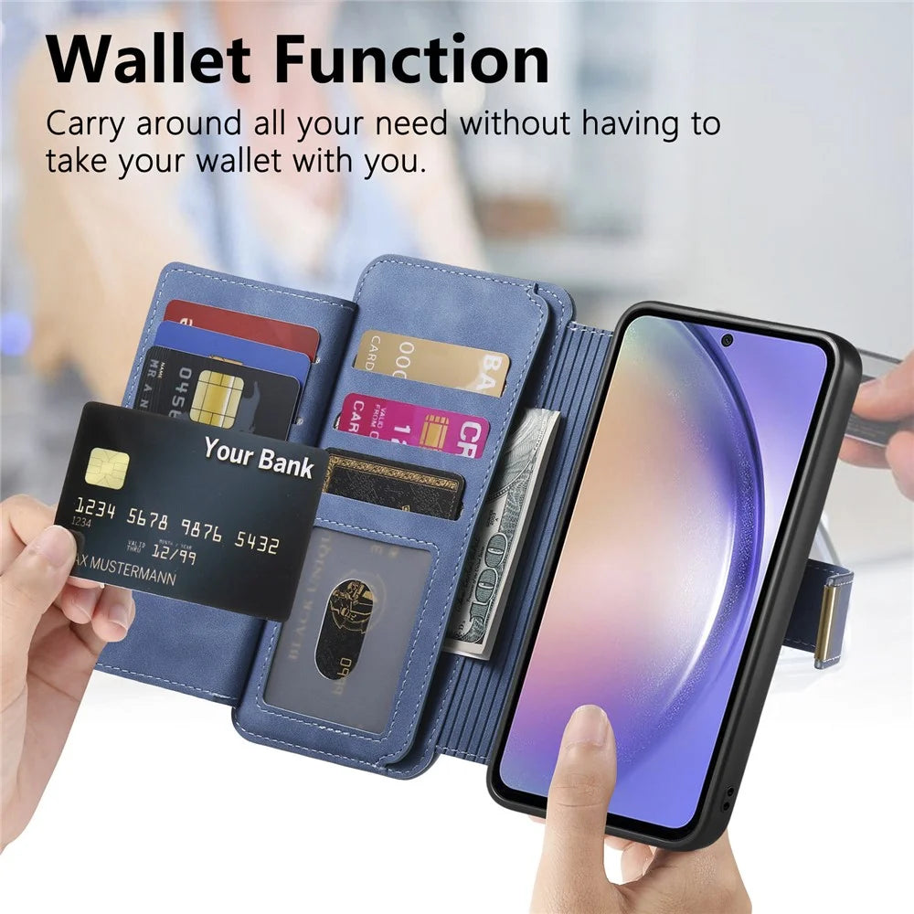 For Samsung Galaxy A34 5G Magnetic Leather Case with Detachable RFID Blocking Zipper Wallet Cover - Blue - 6