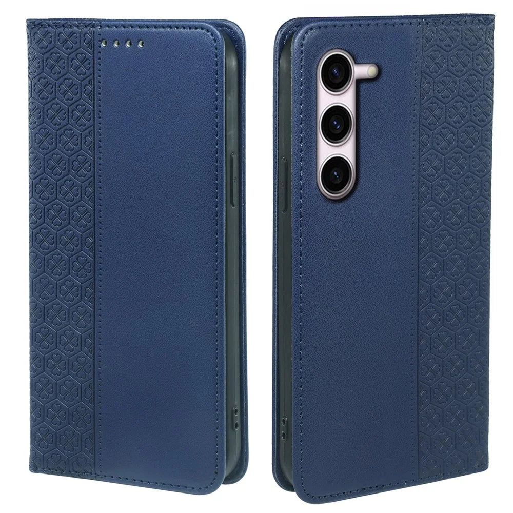 For Samsung Galaxy S23 Case Four Leaf Clover Leather Flip Phone Cover Stand Wallet - Blue - 1