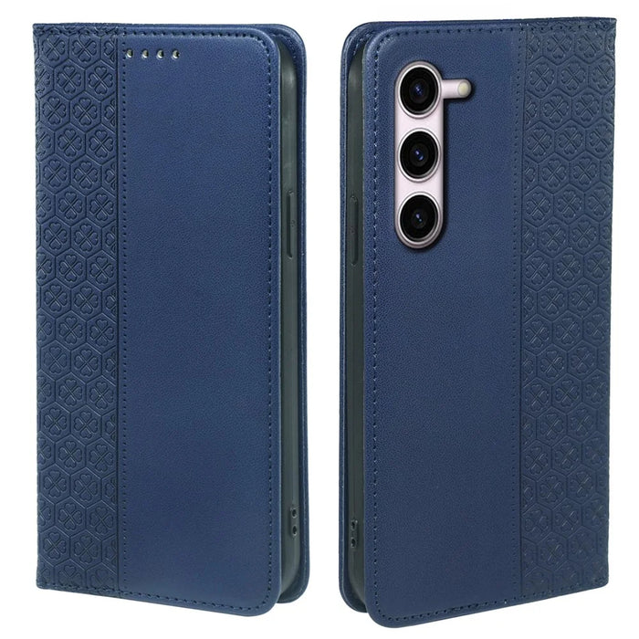 For Samsung Galaxy S23 Case Four Leaf Clover Leather Flip Phone Cover Stand Wallet - Blue - 1