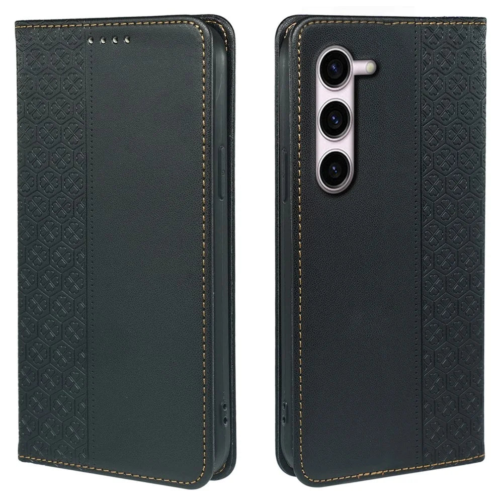 For Samsung Galaxy S23+ Case Four Leaf Clover Leather Flip Phone Cover Stand Wallet - Black - 1