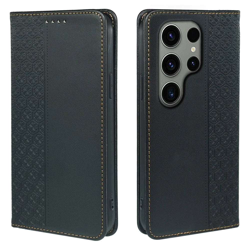 For Samsung Galaxy S23 Ultra Case Four Leaf Clover Leather Flip Phone Cover Stand Wallet - Black - 1