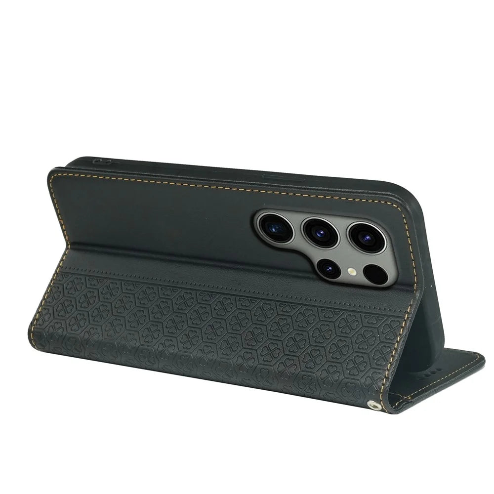 For Samsung Galaxy S23 Ultra Case Four Leaf Clover Leather Flip Phone Cover Stand Wallet - Black - 4