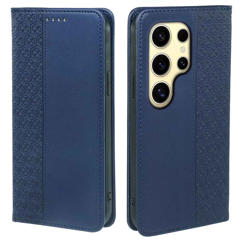 For Samsung Galaxy S24 Ultra Case Four Leaf Clover Leather Flip Phone Cover Stand Wallet - Blue - 1
