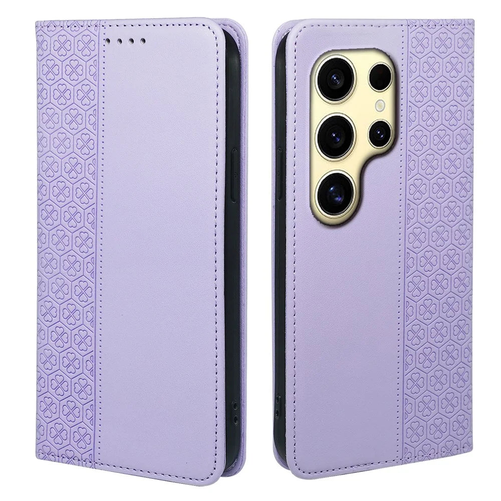 For Samsung Galaxy S25 Ultra Case Four Leaf Clover Leather Flip Phone Cover Stand Wallet - Light Purple - 1