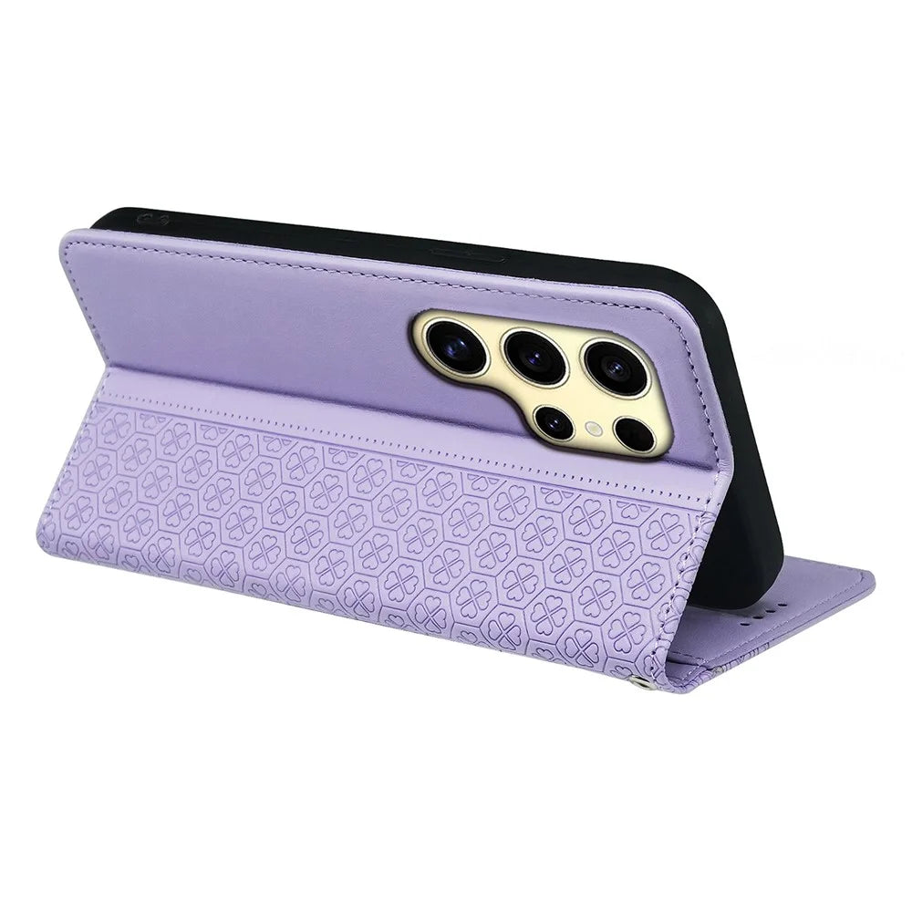 For Samsung Galaxy S25 Ultra Case Four Leaf Clover Leather Flip Phone Cover Stand Wallet - Light Purple - 4
