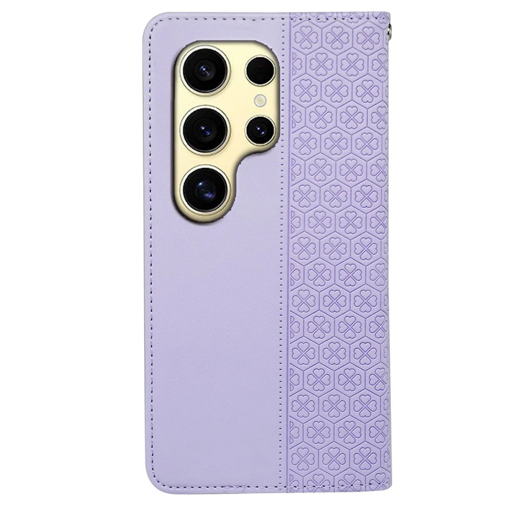 For Samsung Galaxy S25 Ultra Case Four Leaf Clover Leather Flip Phone Cover Stand Wallet - Light Purple - 6