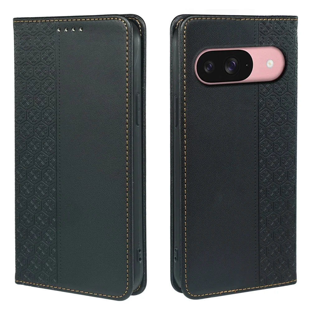 For Google Pixel 9 / Pixel 9 Pro Case Four Leaf Clover Leather Flip Phone Cover Stand Wallet - Black - 1