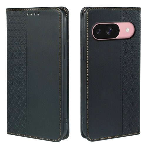 For Google Pixel 9 / Pixel 9 Pro Case Four Leaf Clover Leather Flip Phone Cover Stand Wallet - Black - 1