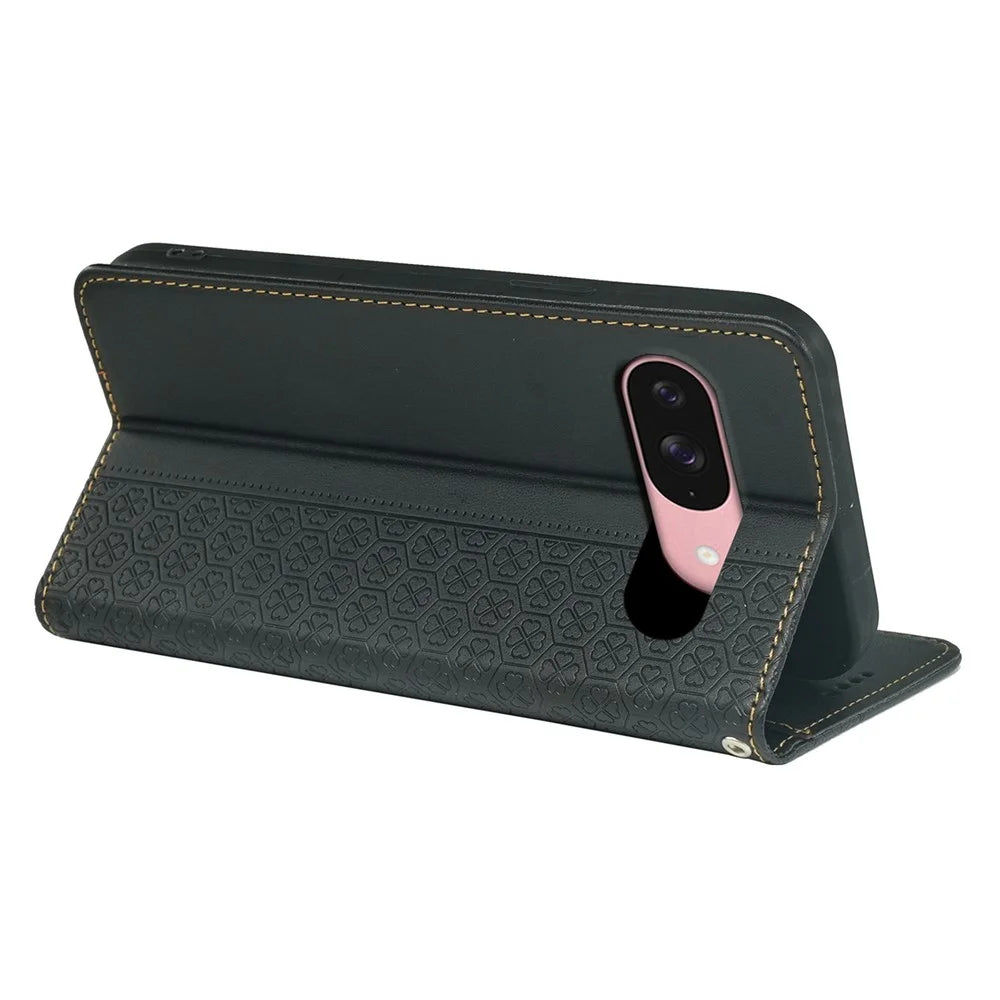 For Google Pixel 9 / Pixel 9 Pro Case Four Leaf Clover Leather Flip Phone Cover Stand Wallet - Black - 4