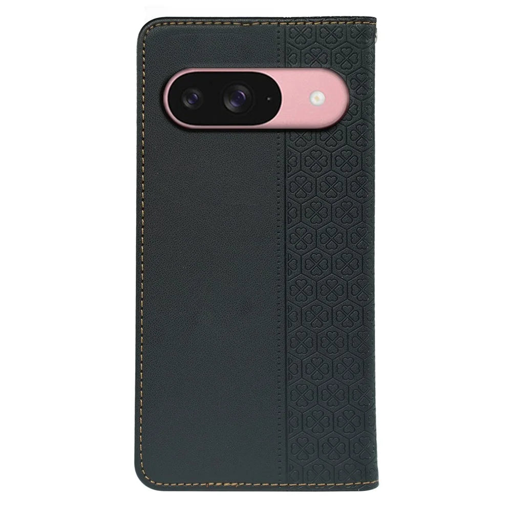 For Google Pixel 9 / Pixel 9 Pro Case Four Leaf Clover Leather Flip Phone Cover Stand Wallet - Black - 6