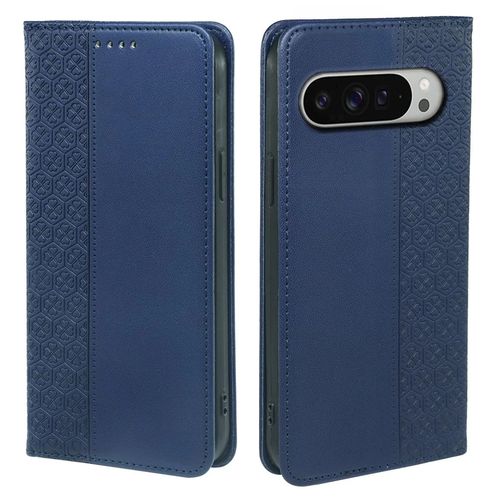 For Google Pixel 9 Pro XL Case Four Leaf Clover Leather Flip Phone Cover Stand Wallet - Blue - 1