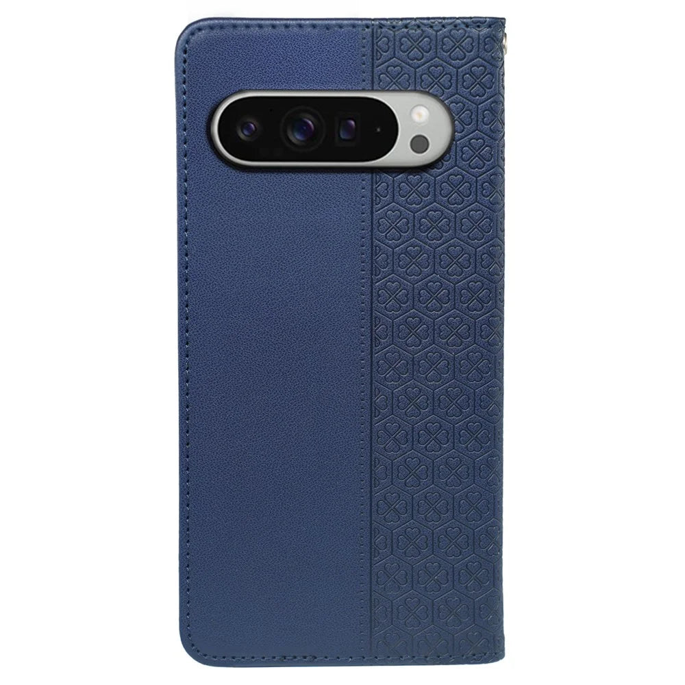 For Google Pixel 9 Pro XL Case Four Leaf Clover Leather Flip Phone Cover Stand Wallet - Blue - 6