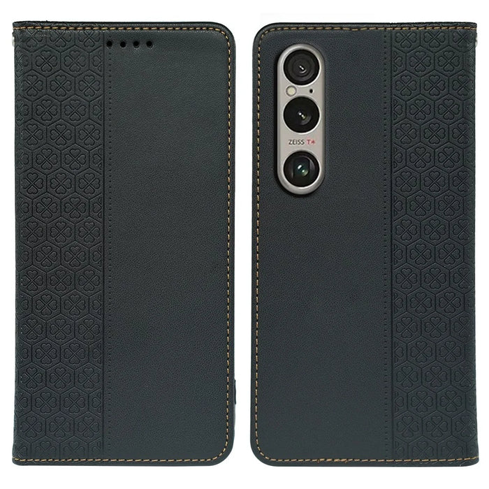 For Sony Xperia 1 V Case Four Leaf Clover Leather Flip Phone Cover Stand Wallet - Black - 1
