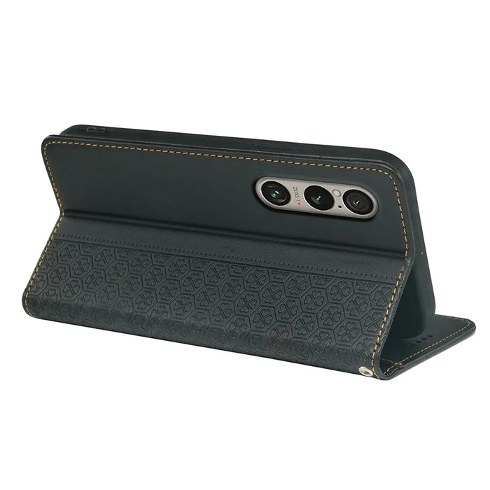 For Sony Xperia 1 V Case Four Leaf Clover Leather Flip Phone Cover Stand Wallet - Black - 4