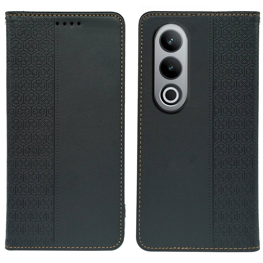 For OnePlus Nord CE4 5G Case Four Leaf Clover Leather Flip Phone Cover Stand Wallet - Black - 1