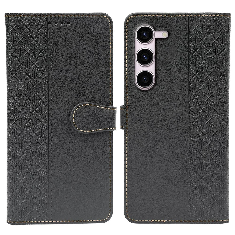 For Samsung Galaxy S23 Case Magnetic Clasp Four Leaf Clover Leather Phone Cover - Black - 1