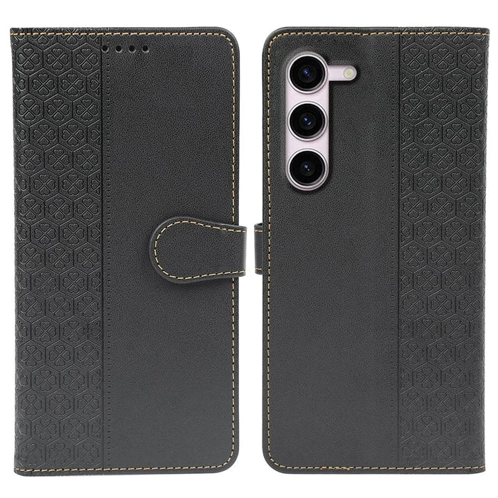 For Samsung Galaxy S23 Case Magnetic Clasp Four Leaf Clover Leather Phone Cover - Black - 1