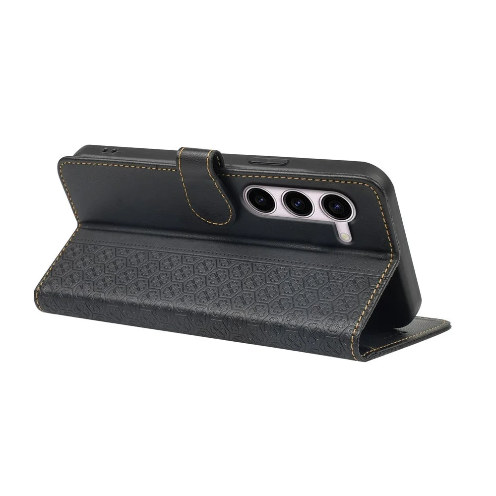 For Samsung Galaxy S23+ Case Magnetic Clasp Four Leaf Clover Leather Phone Cover - Black - 4