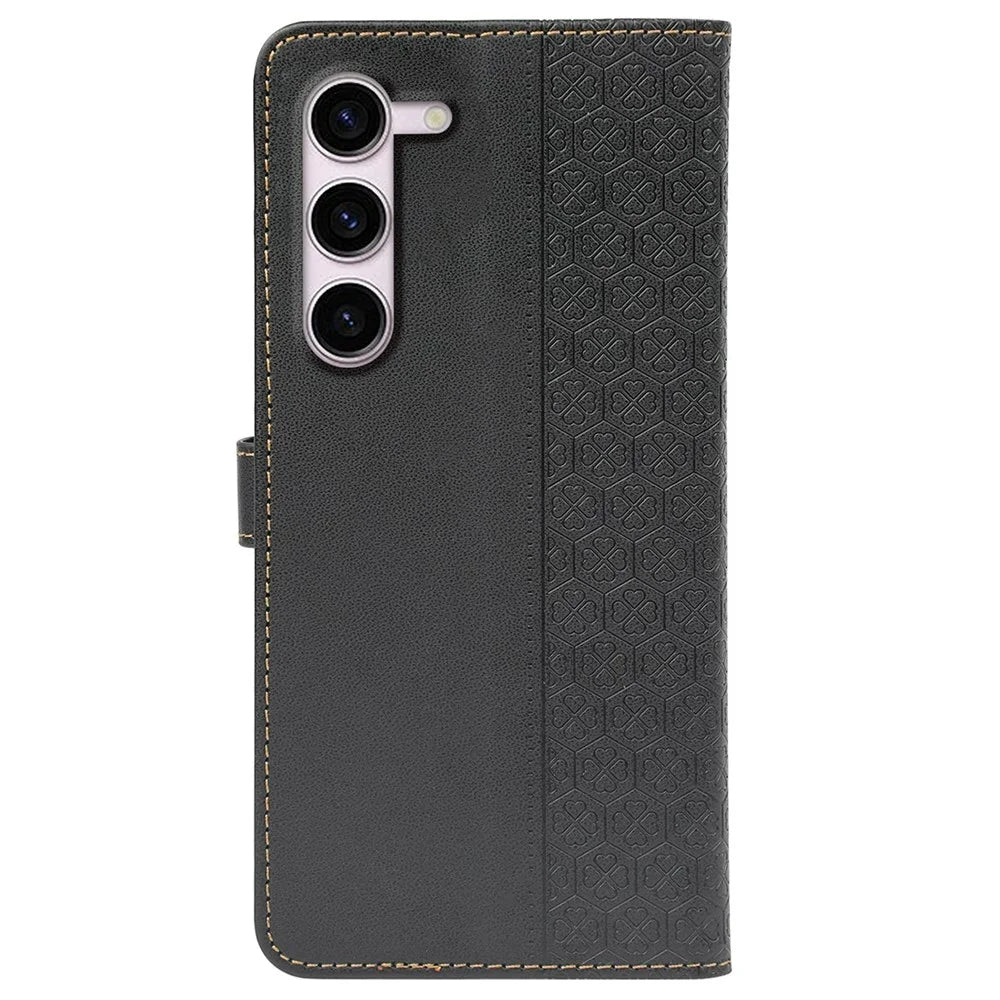 For Samsung Galaxy S23+ Case Magnetic Clasp Four Leaf Clover Leather Phone Cover - Black - 6