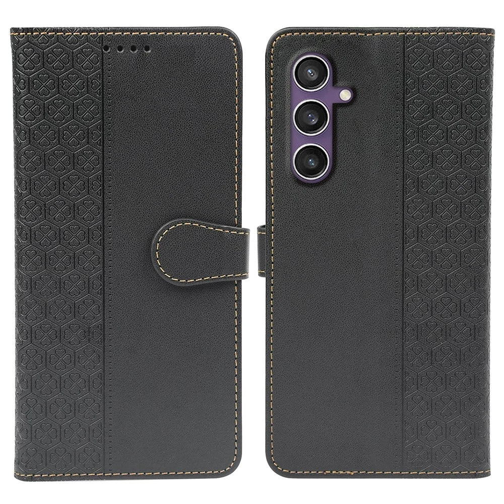 For Samsung Galaxy S23 FE Case Magnetic Clasp Four Leaf Clover Leather Phone Cover - Black - 1