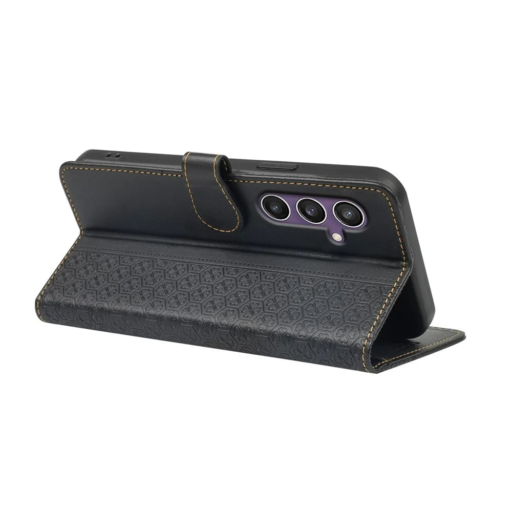 For Samsung Galaxy S23 FE Case Magnetic Clasp Four Leaf Clover Leather Phone Cover - Black - 4
