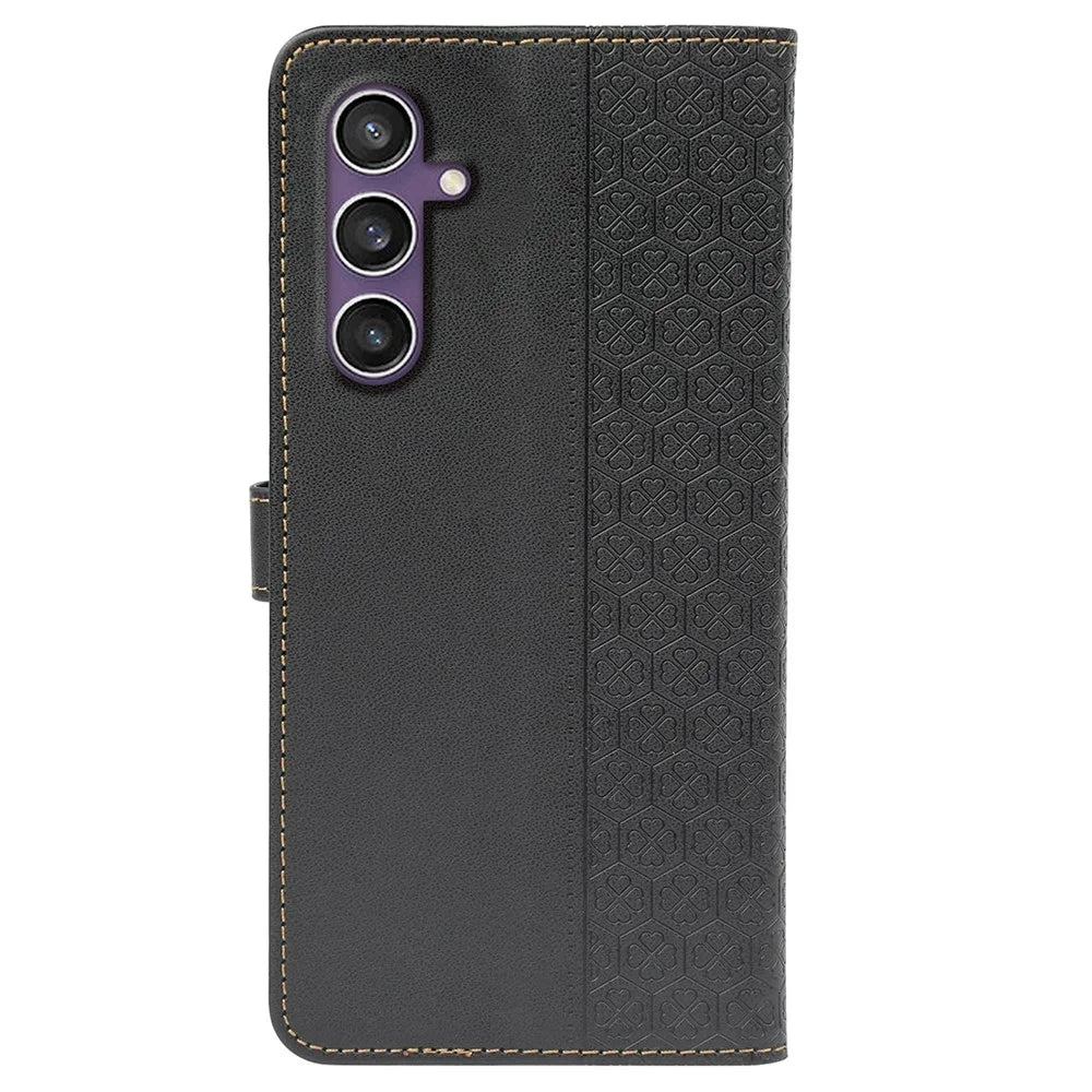 For Samsung Galaxy S23 FE Case Magnetic Clasp Four Leaf Clover Leather Phone Cover - Black - 6