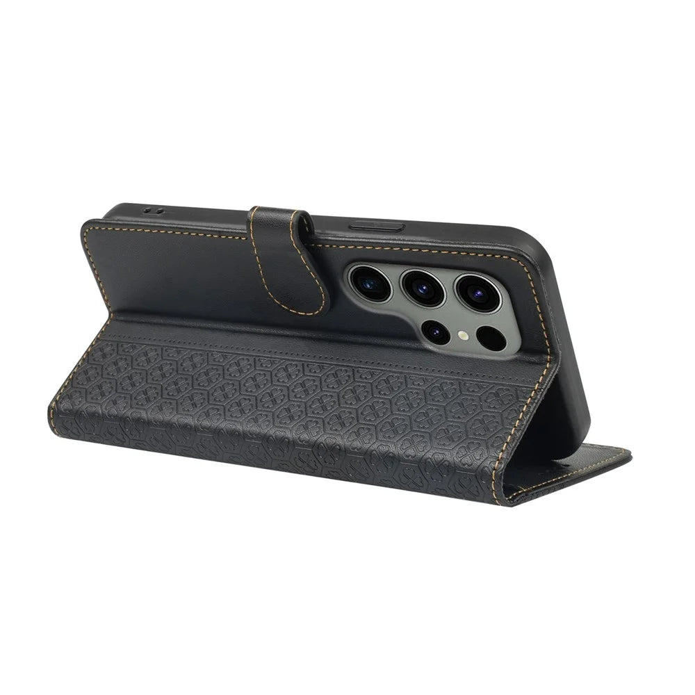 For Samsung Galaxy S23 Ultra Case Magnetic Clasp Four Leaf Clover Leather Phone Cover - Black - 4