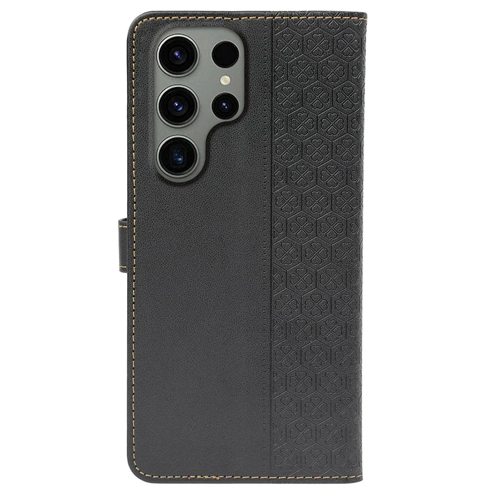 For Samsung Galaxy S23 Ultra Case Magnetic Clasp Four Leaf Clover Leather Phone Cover - Black - 6