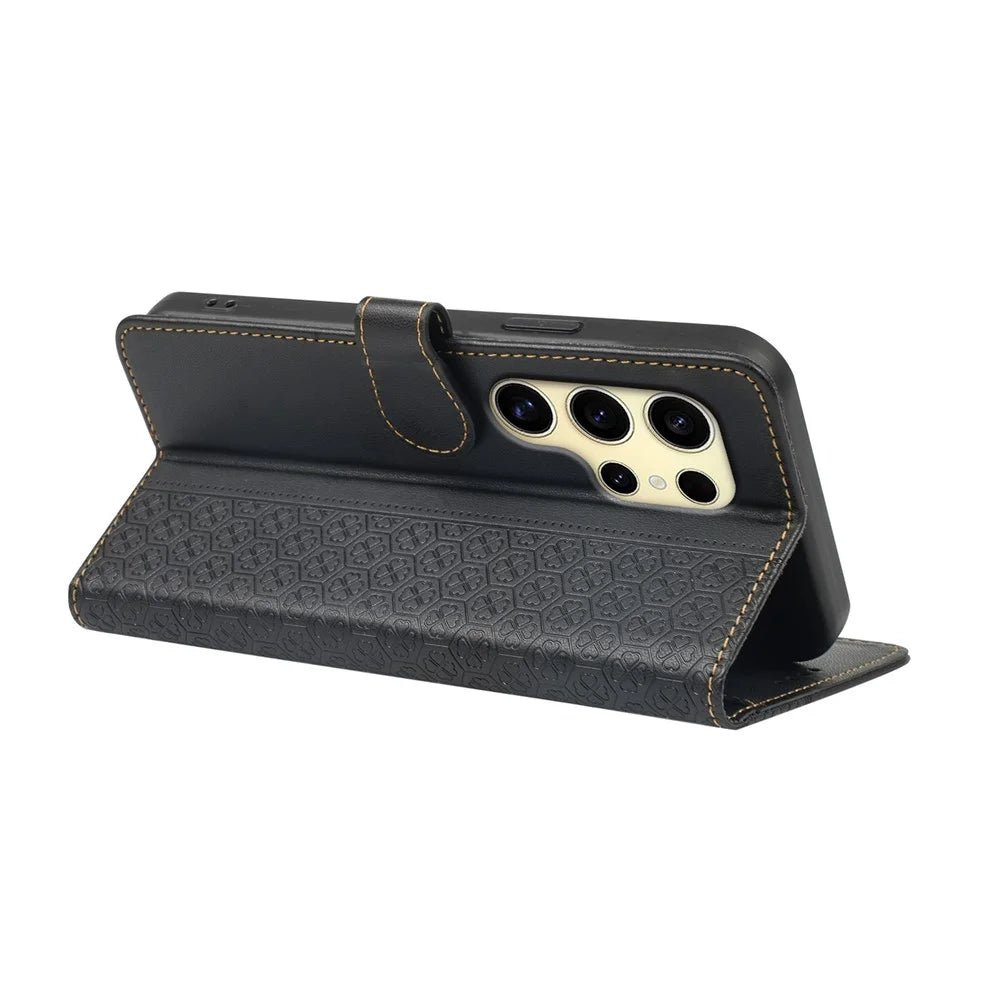 For Samsung Galaxy S24 Ultra Case Magnetic Clasp Four Leaf Clover Leather Phone Cover - Black - 4