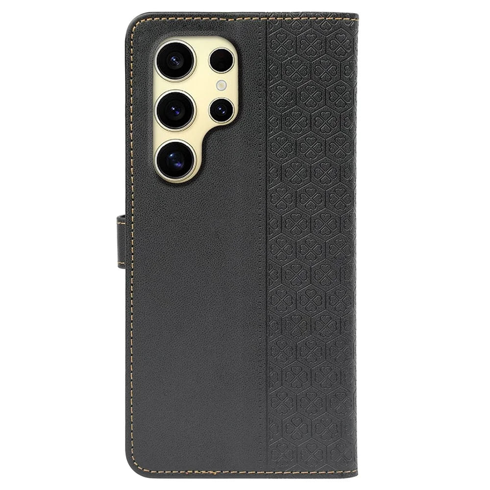 For Samsung Galaxy S24 Ultra Case Magnetic Clasp Four Leaf Clover Leather Phone Cover - Black - 6