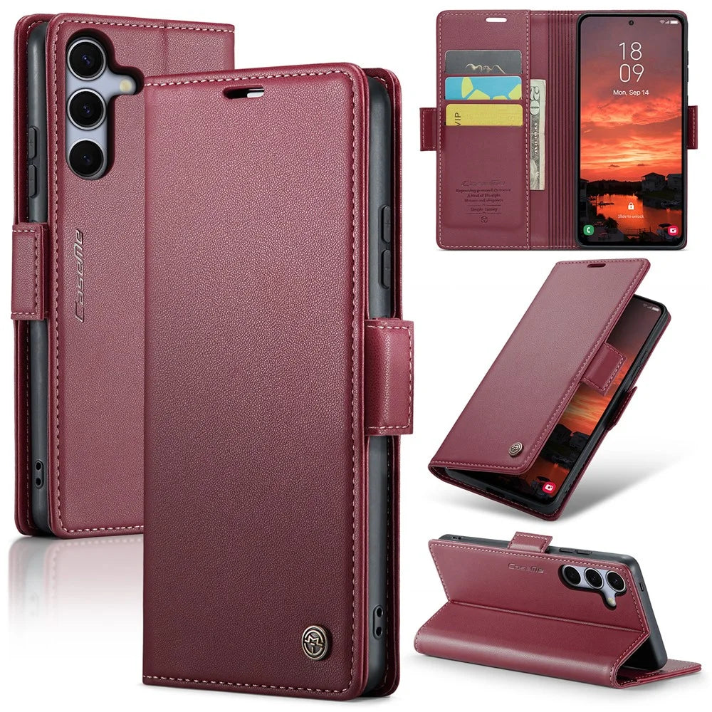 For Samsung Galaxy S25+ Leather Case CASEME 023 RFID Blocking 3 Card Slot Mobile Cover - Red - 1