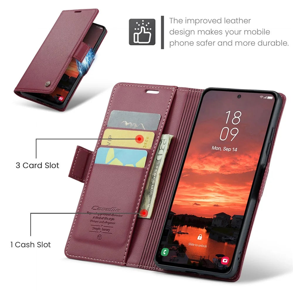 For Samsung Galaxy S25+ Leather Case CASEME 023 RFID Blocking 3 Card Slot Mobile Cover - Red - 4