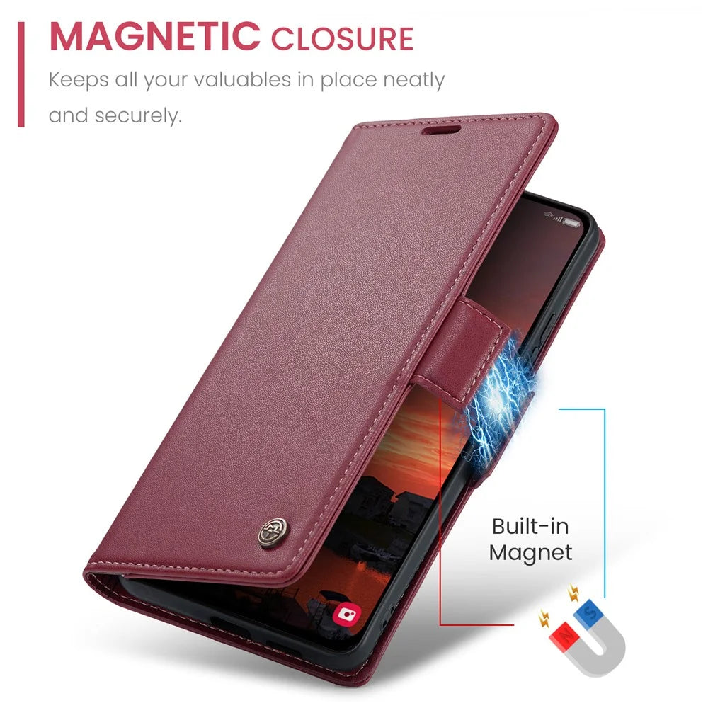 For Samsung Galaxy S25+ Leather Case CASEME 023 RFID Blocking 3 Card Slot Mobile Cover - Red - 5