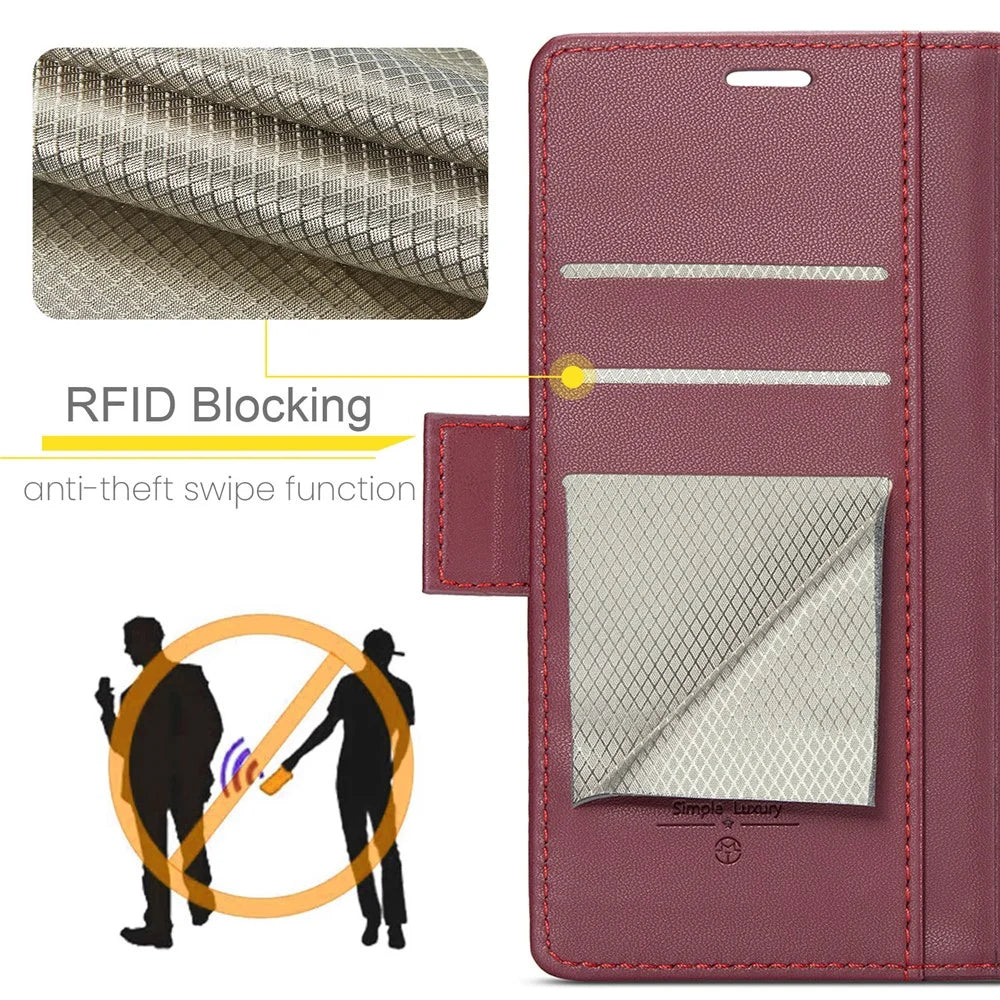 For Samsung Galaxy S25+ Leather Case CASEME 023 RFID Blocking 3 Card Slot Mobile Cover - Red - 6