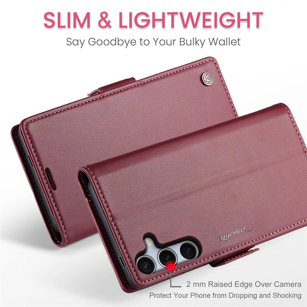 For Samsung Galaxy S25+ Leather Case CASEME 023 RFID Blocking 3 Card Slot Mobile Cover - Red - 7