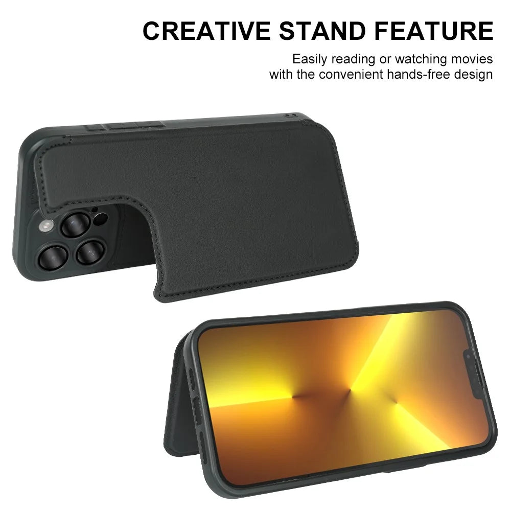 For iPhone 13 Pro Magnetic Case RCS Eco Friendly Flip Phone Cover with Kickstand RFID Blocking - Black - 3