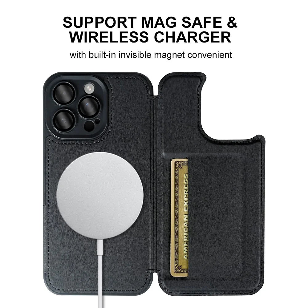 For iPhone 13 Pro Magnetic Case RCS Eco Friendly Flip Phone Cover with Kickstand RFID Blocking - Black - 7