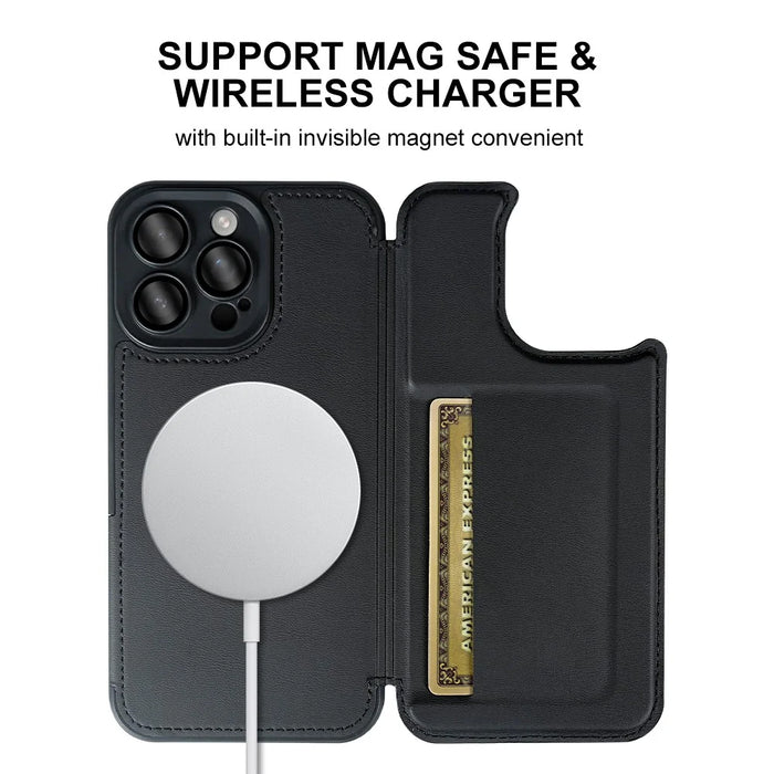 For iPhone 14 Pro Max Magnetic Case RCS Eco Friendly Flip Phone Cover with Kickstand RFID Blocking - Black - 7