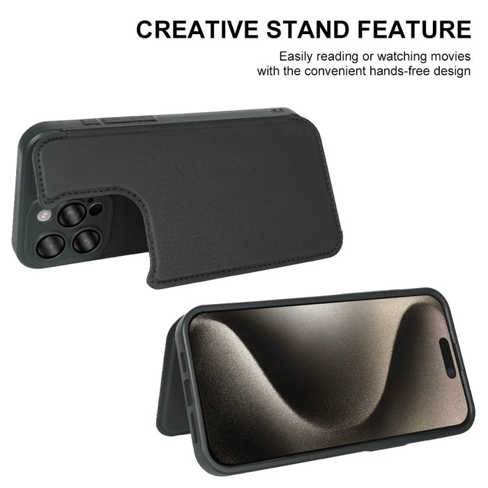 For iPhone 15 Pro Magnetic Case RCS Eco Friendly Flip Phone Cover with Kickstand RFID Blocking - Black - 3