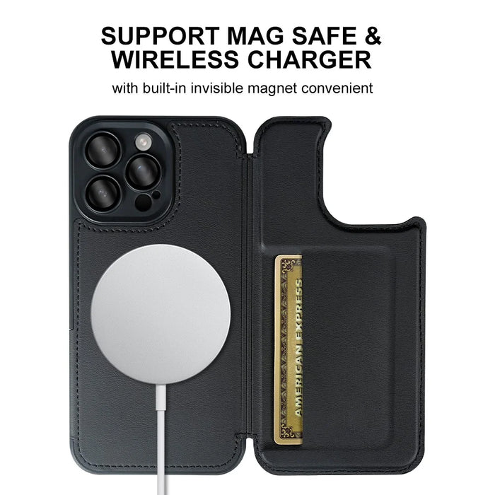 For iPhone 15 Pro Magnetic Case RCS Eco Friendly Flip Phone Cover with Kickstand RFID Blocking - Black - 7