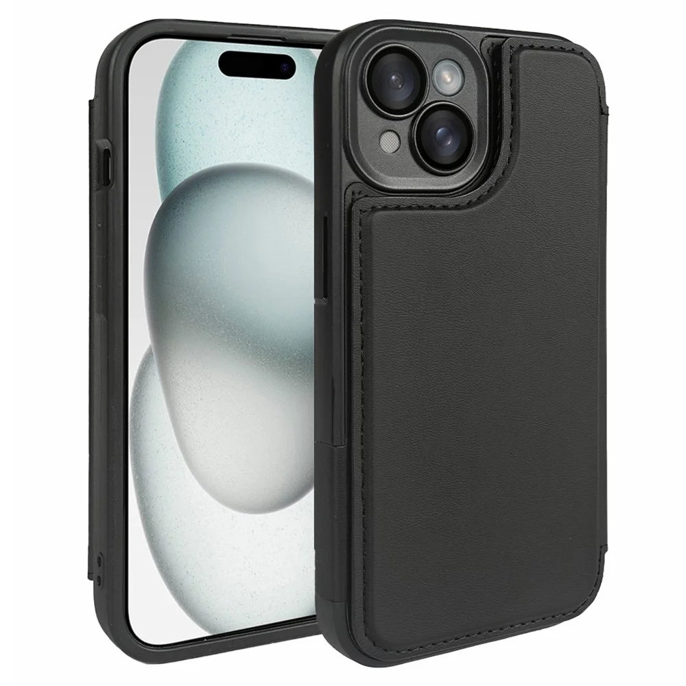 For iPhone 15 Magnetic Case RCS Eco Friendly Flip Phone Cover with Kickstand RFID Blocking - Black - 1