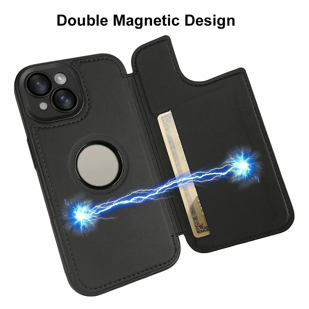 For iPhone 15 Magnetic Case RCS Eco Friendly Flip Phone Cover with Kickstand RFID Blocking - Black - 2