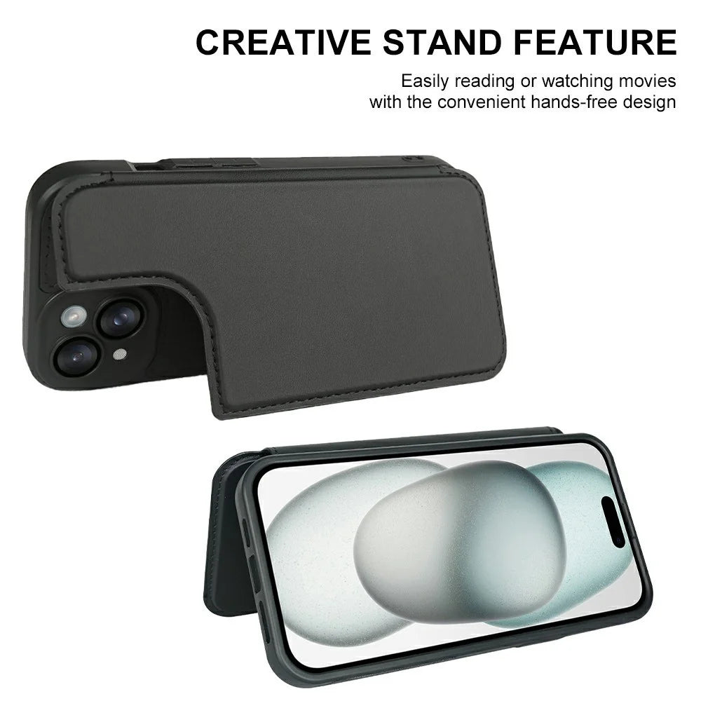 For iPhone 15 Magnetic Case RCS Eco Friendly Flip Phone Cover with Kickstand RFID Blocking - Black - 3