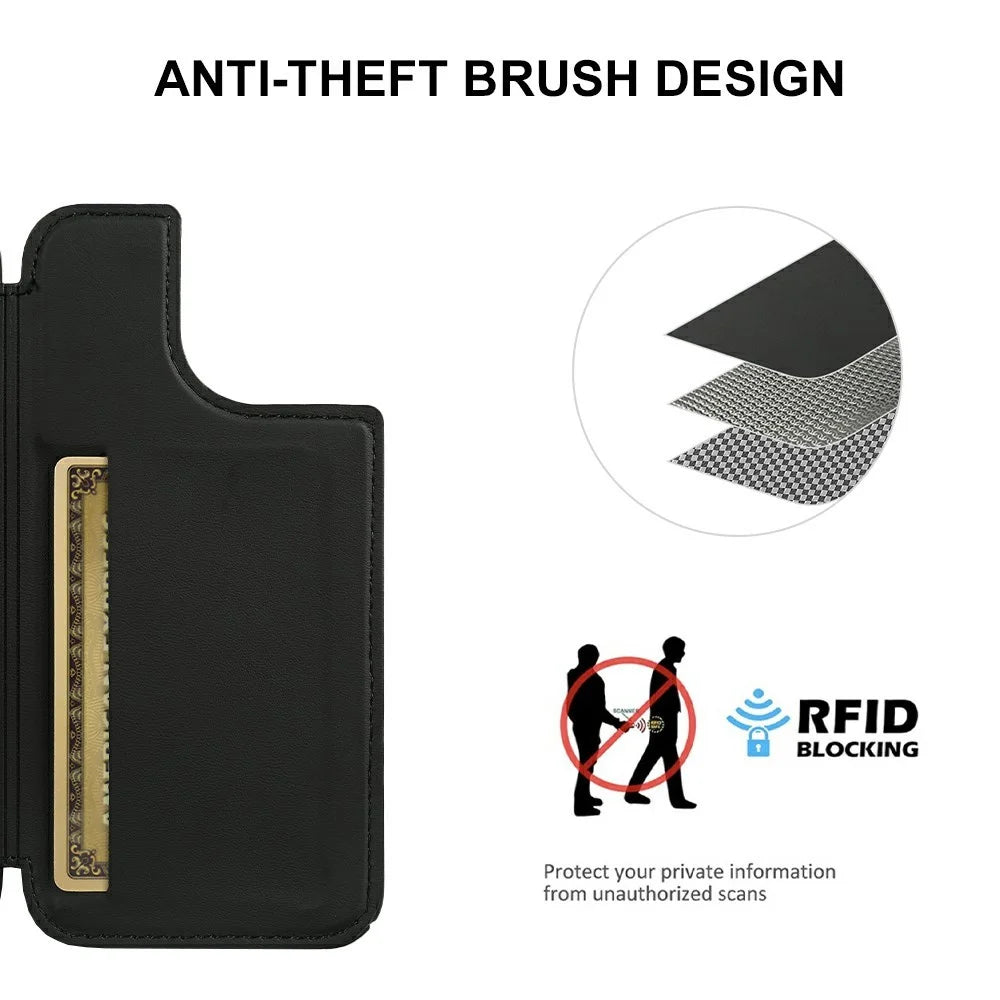 For iPhone 15 Magnetic Case RCS Eco Friendly Flip Phone Cover with Kickstand RFID Blocking - Black - 6