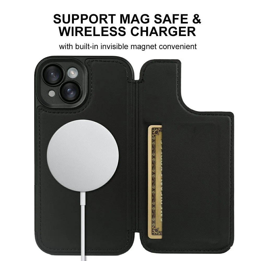 For iPhone 15 Magnetic Case RCS Eco Friendly Flip Phone Cover with Kickstand RFID Blocking - Black - 7