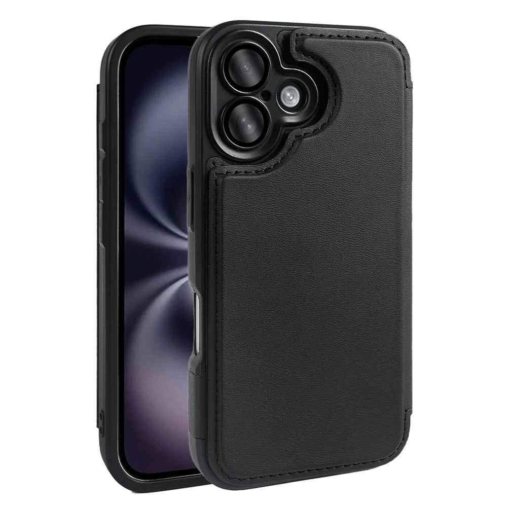 For iPhone 16 Magnetic Case RCS Eco Friendly Flip Phone Cover with Kickstand RFID Blocking - Black - 1