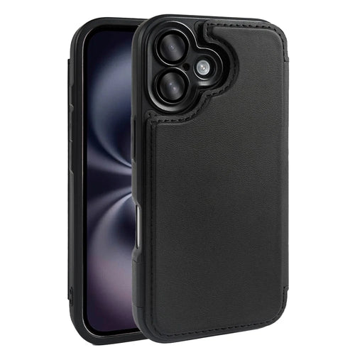 For iPhone 16 Magnetic Case RCS Eco Friendly Flip Phone Cover with Kickstand RFID Blocking - Black - 1